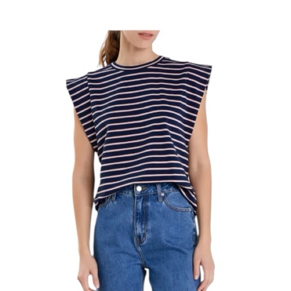 English Factory Extended Shoulder T-Shirt l Navy/Pink Stripped l Size L